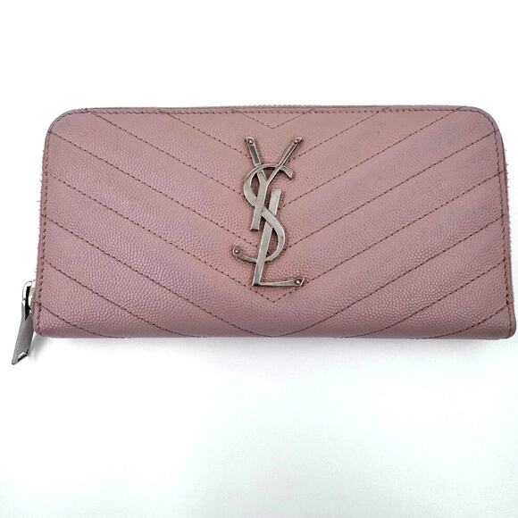 YSL Laurent Pink Sakura Chevron Zippy Continental Wallet SHW Full Set - Picture 2 of 8